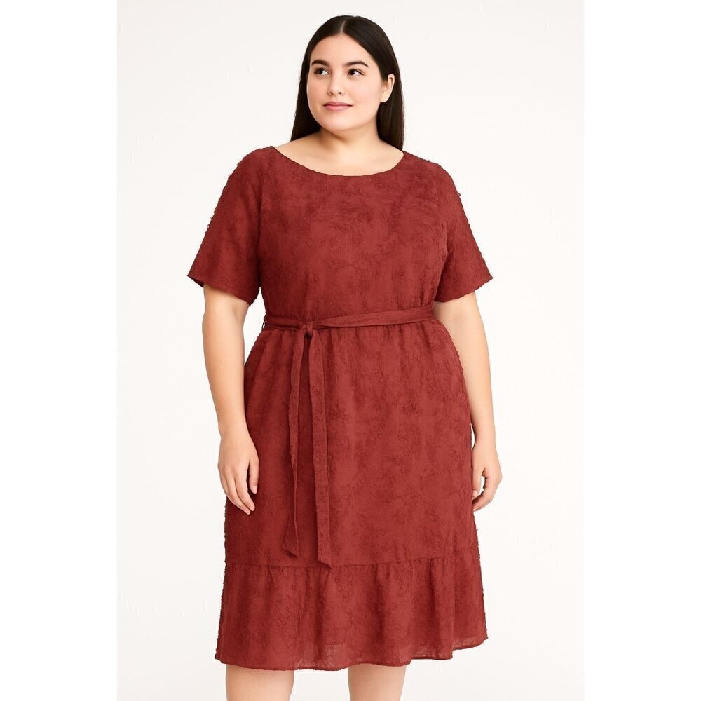 Suzanne Betro Womens Plus Size 2X Textured Self-Tie Ruffle-Hem Midi Dress Pink
